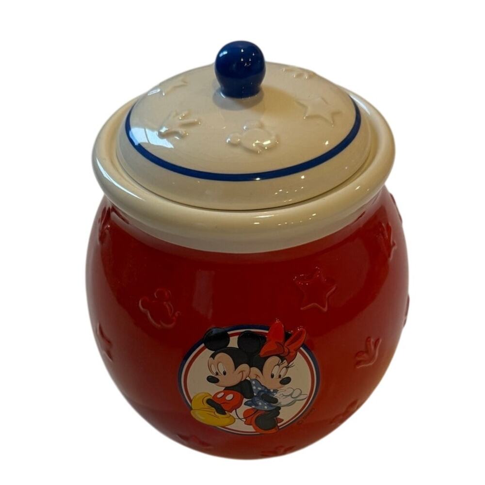 Disney Mickey & Minnie Mouse Red Ceramic Cookie Jar w/Lid 7"H
